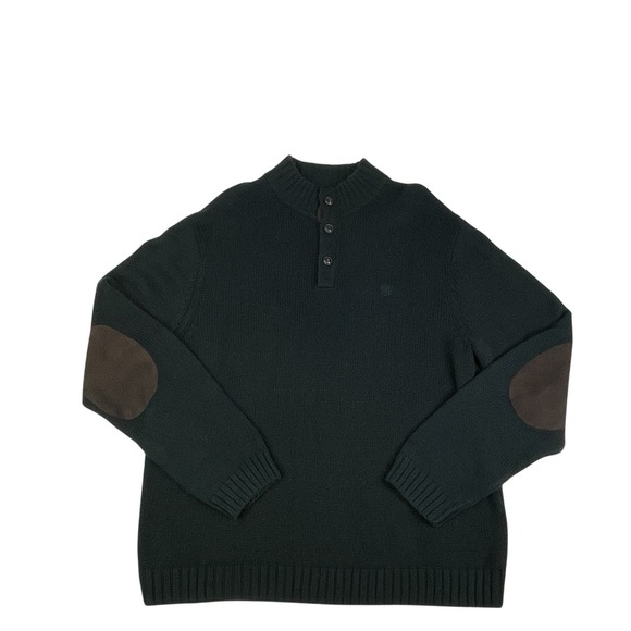 Chaps Men's Sweater L Henley Pullover Black W/Brown Elbow Patches 100% Cotton - Picture 1 of 10